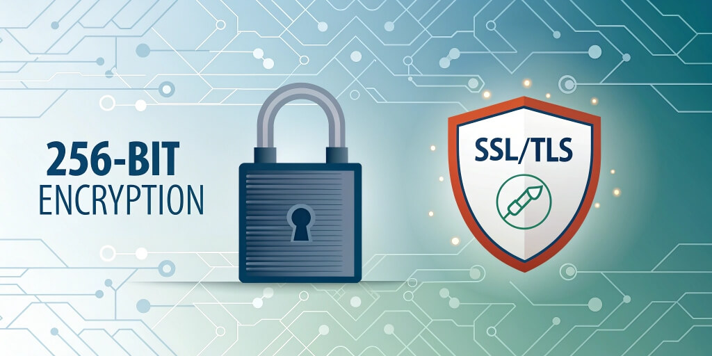 256ビット暗号化またはSSL/TLS接続の概念を説明するFilejokerのグラフィック